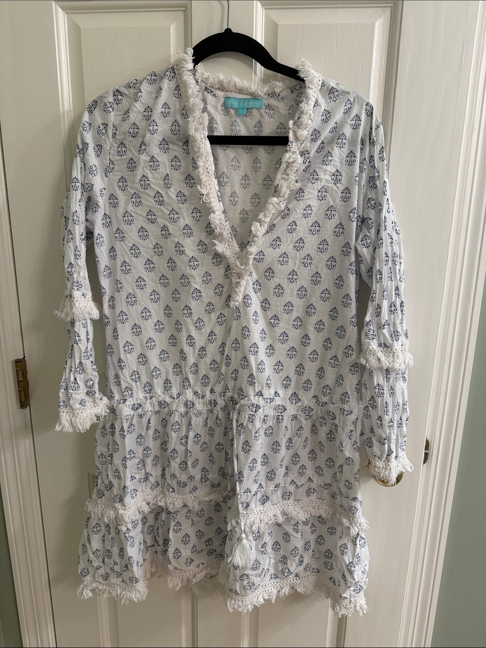 Melissa Odabash White Dress with Blue Print and Tassel Trim